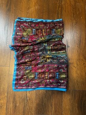 Silk-Feel Paisley Rectangular Scarf in Burgundy and Turquoise